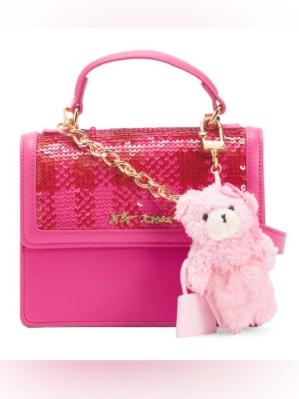 BETSEY Johnson MYLO PINK SEQUIN satchel CROSSBODY BAG pink teddy BEAR bag CHARM - Picture 13 of 13